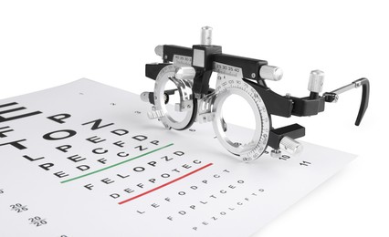 Trial frame and vision test chart isolated on white