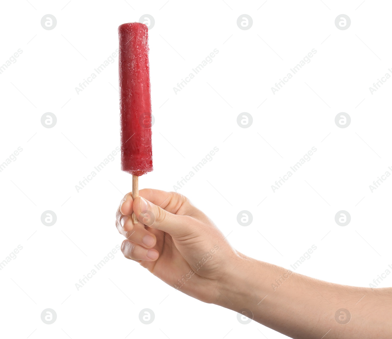 Photo of Man holding yummy ice cream on white background. Focus on hand