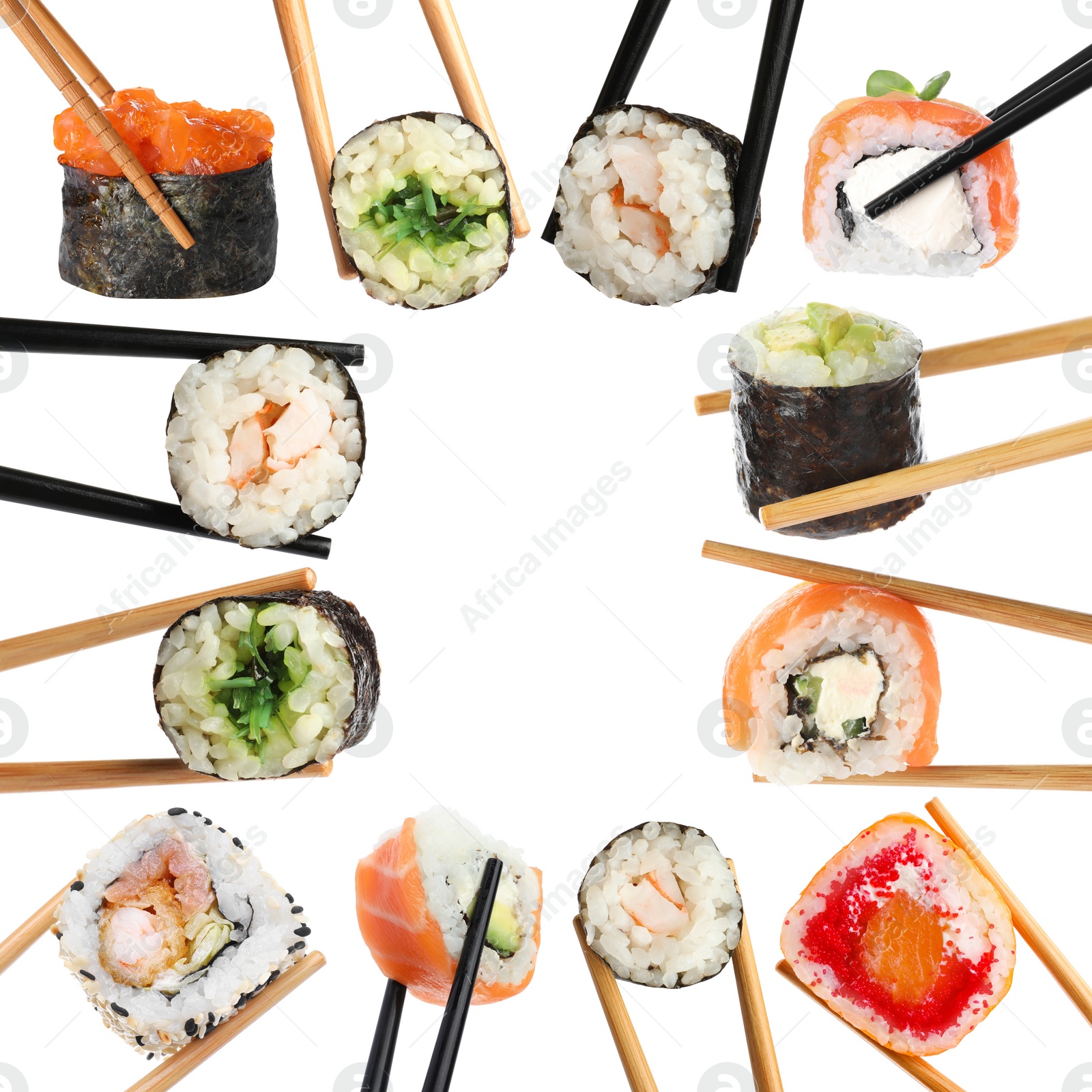 Image of Different sushi isolated on white. Chopsticks with asian food, set