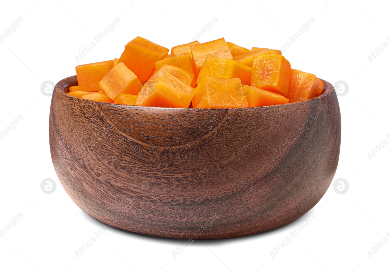 Photo of Bowl of delicious diced carrots isolated on white
