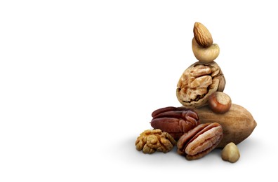 Image of Many different nuts on white background. Almond, cashew, walnut, hazelnut and pecan