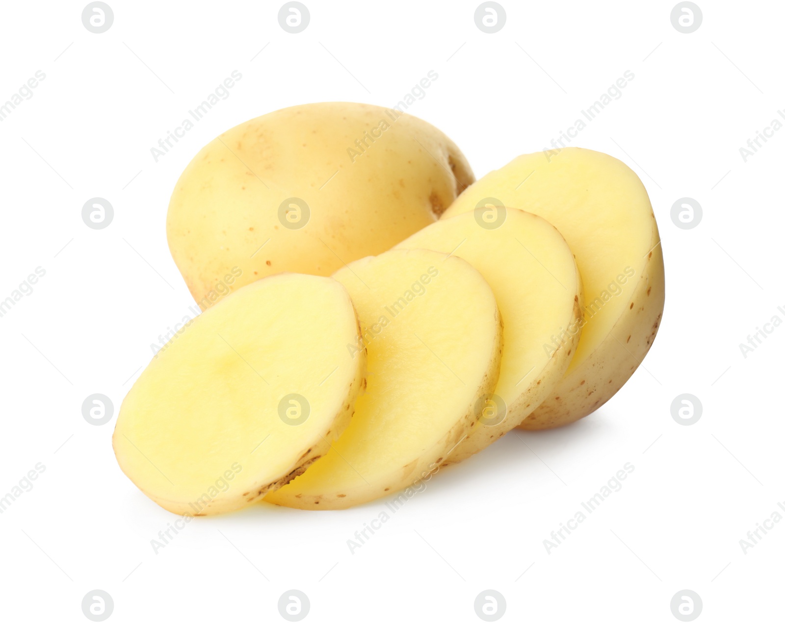 Photo of Whole and cut fresh raw organic potatoes on white background