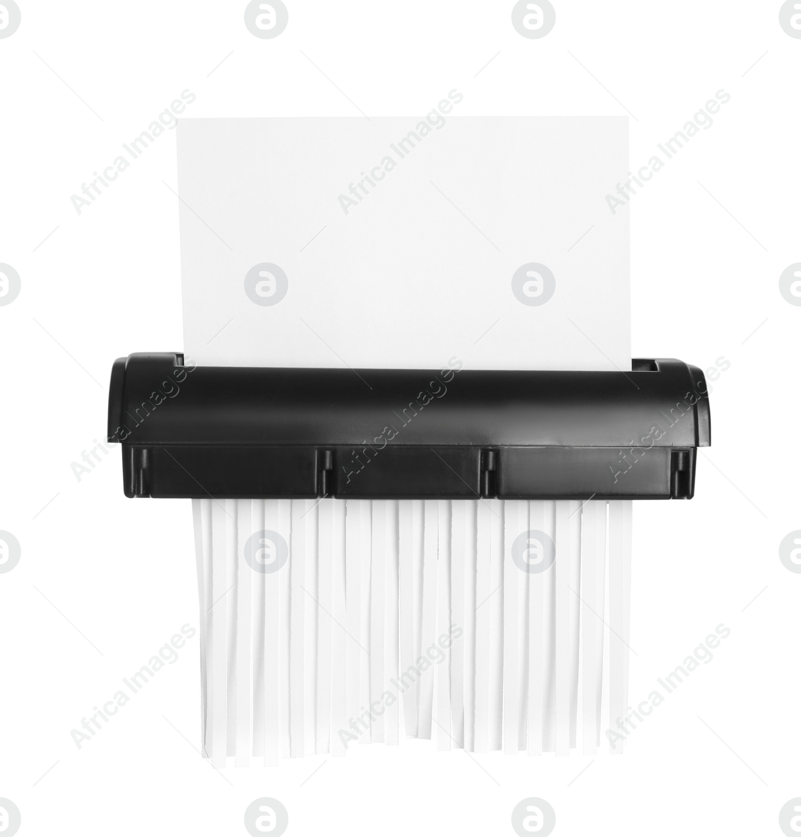 Photo of Destroying paper with shredder on white background