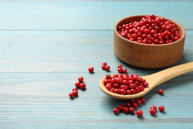 Photo of Aromatic spice. Red pepper in bowl and spoon on light blue wooden table, closeup. Space for text