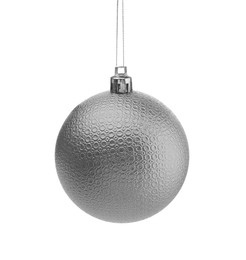 Image of Silver Christmas ball hanging on white background