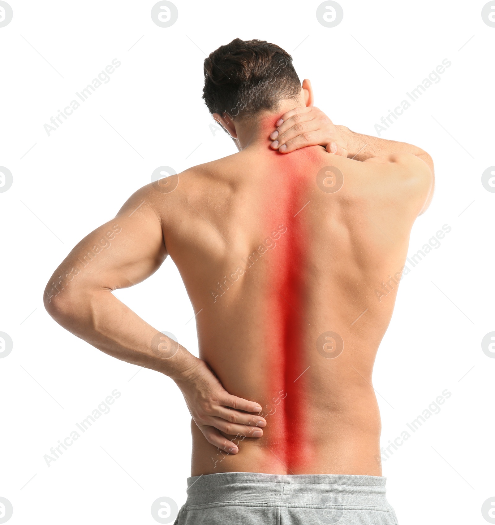 Image of Young man suffering from neck pain on white background