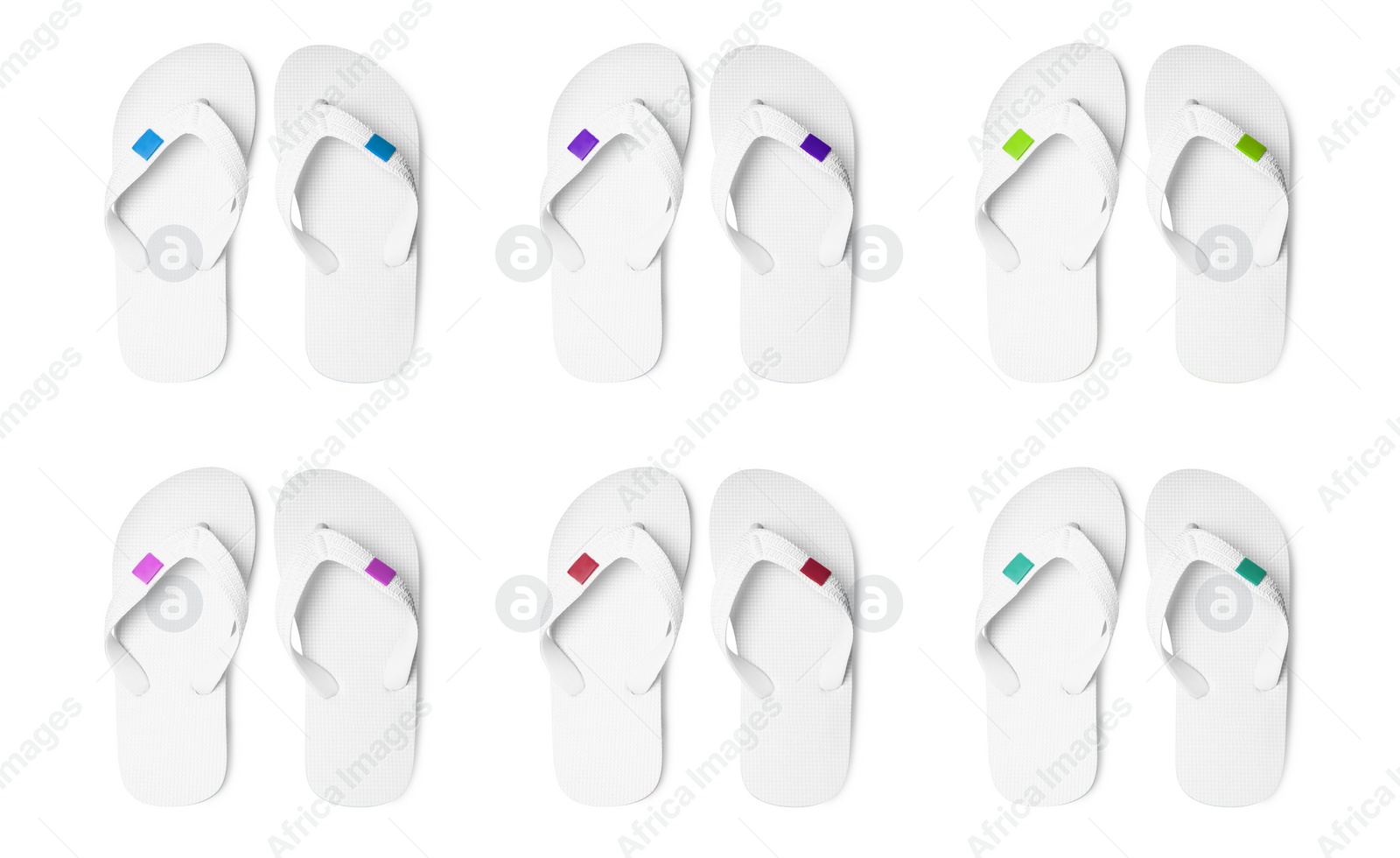 Image of Set with stylish flip flops on white background, top view. Banner design