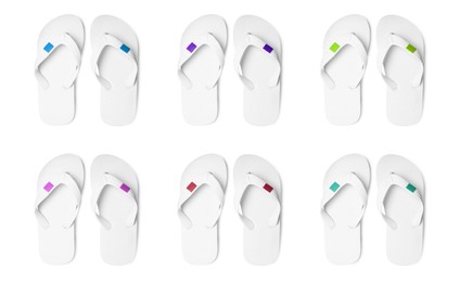 Image of Set with stylish flip flops on white background, top view. Banner design