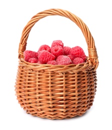 Photo of Basket of delicious fresh ripe raspberries on white background