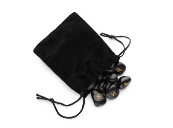 Photo of Bag with many black rune stones isolated on white, top view