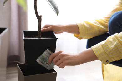 Woman hiding dollar banknotes in flower pot indoors, closeup. Money savings