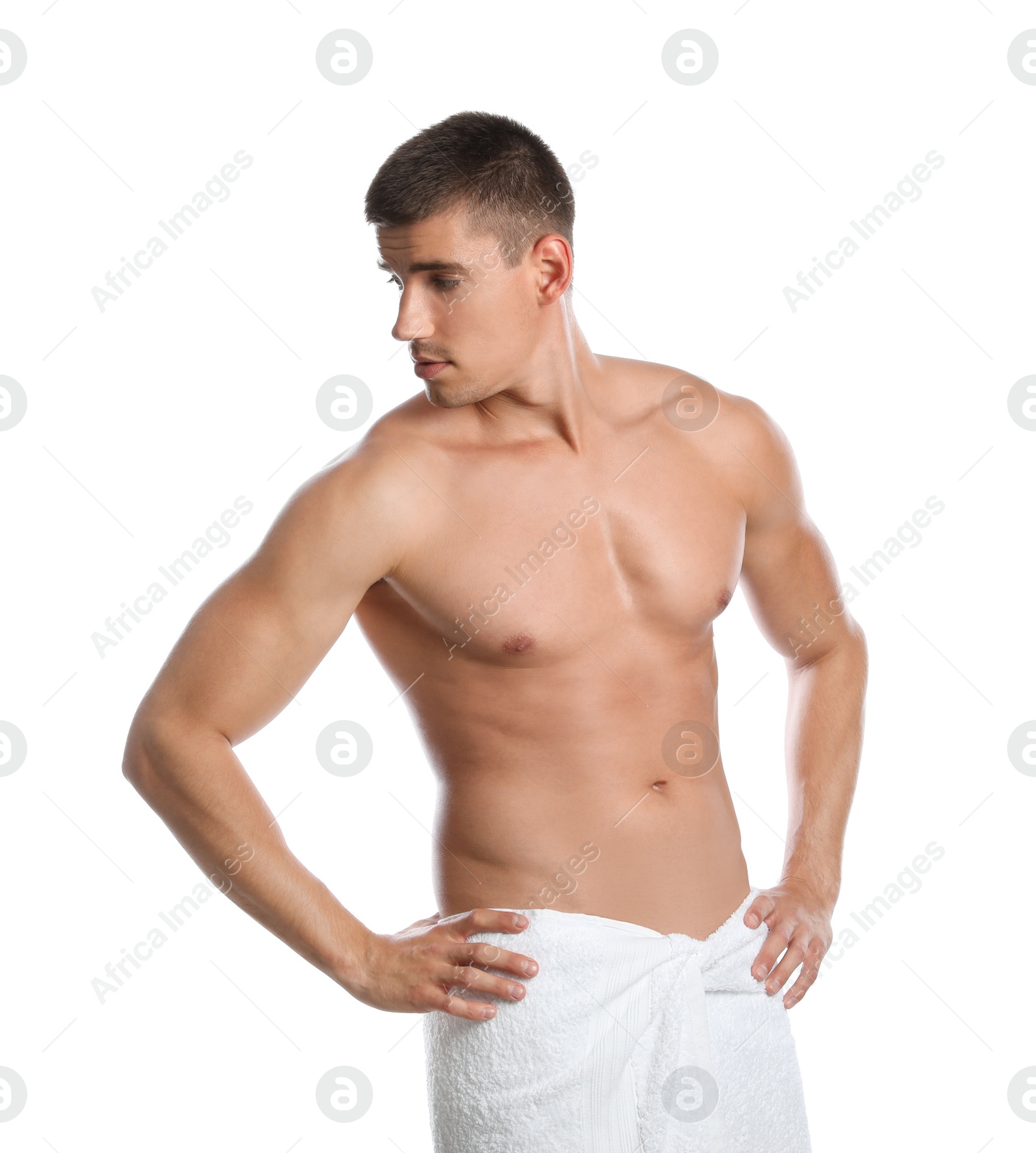 Photo of Young man with slim body on white background