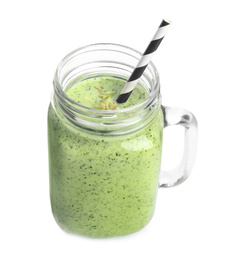 Photo of Mason jar with green buckwheat smoothie isolated on white