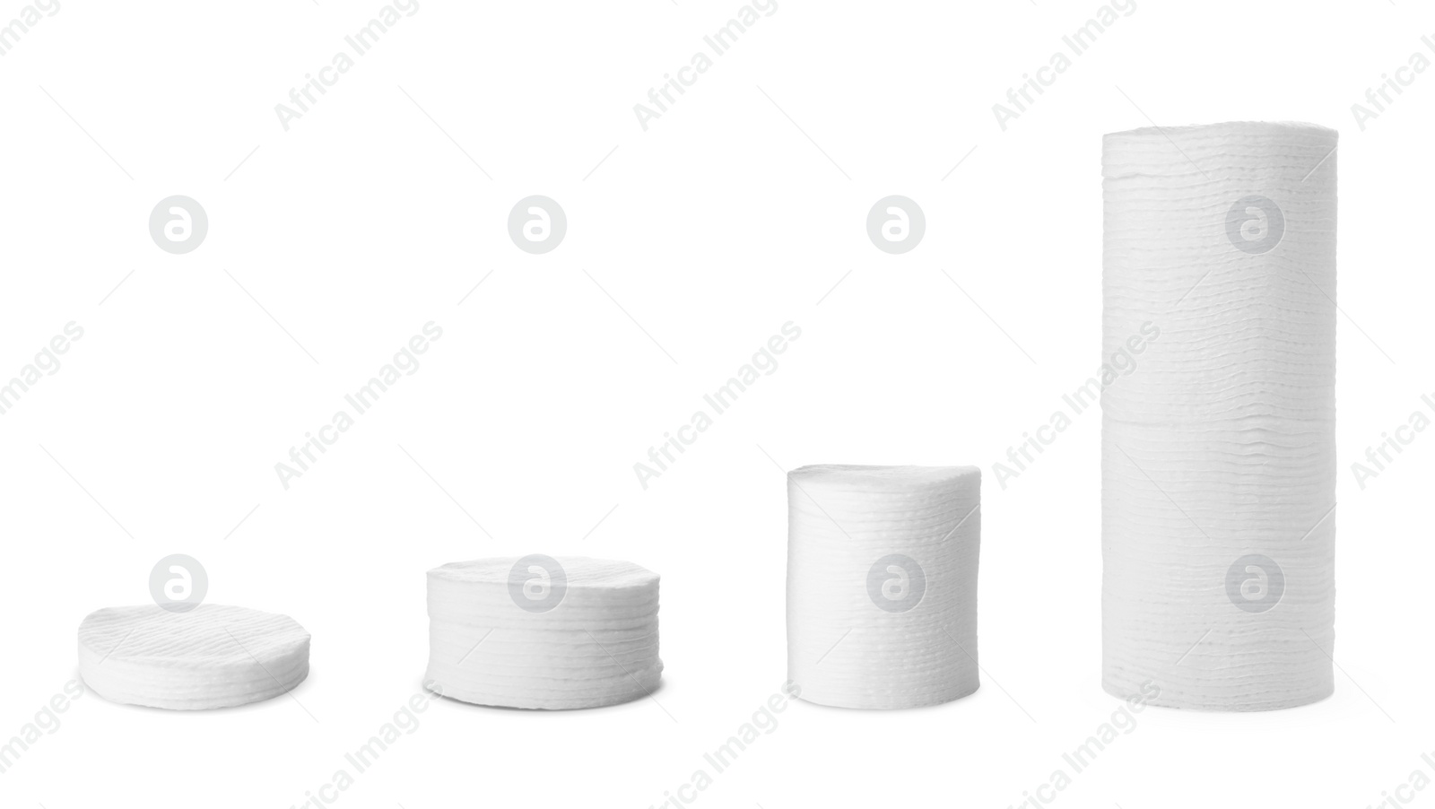 Image of Set with stacks of soft clean cotton pads on white background. Banner design