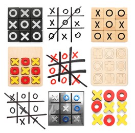 Image of Tic tac toe sets and illustrations on white background, collage