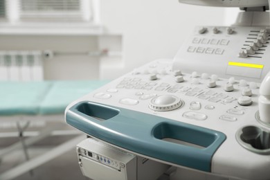 Ultrasound control panel indoors, closeup. Medical equipment