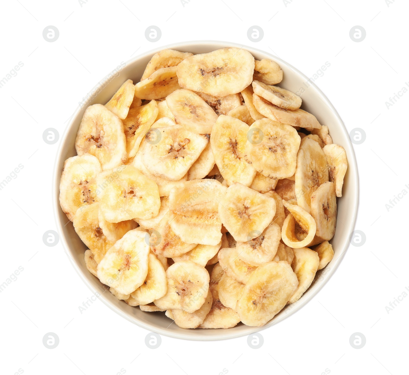 Photo of Bowl with sweet banana slices on white background, top view. Dried fruit as healthy snack