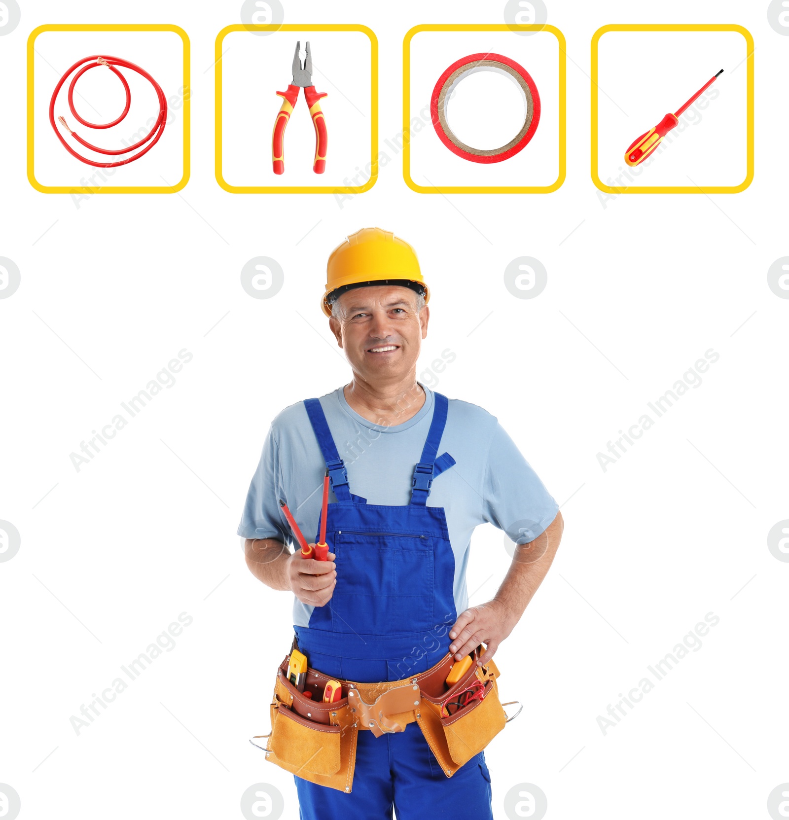 Image of Mature electrician and tools and white background