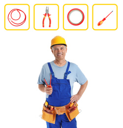 Image of Mature electrician and tools and white background