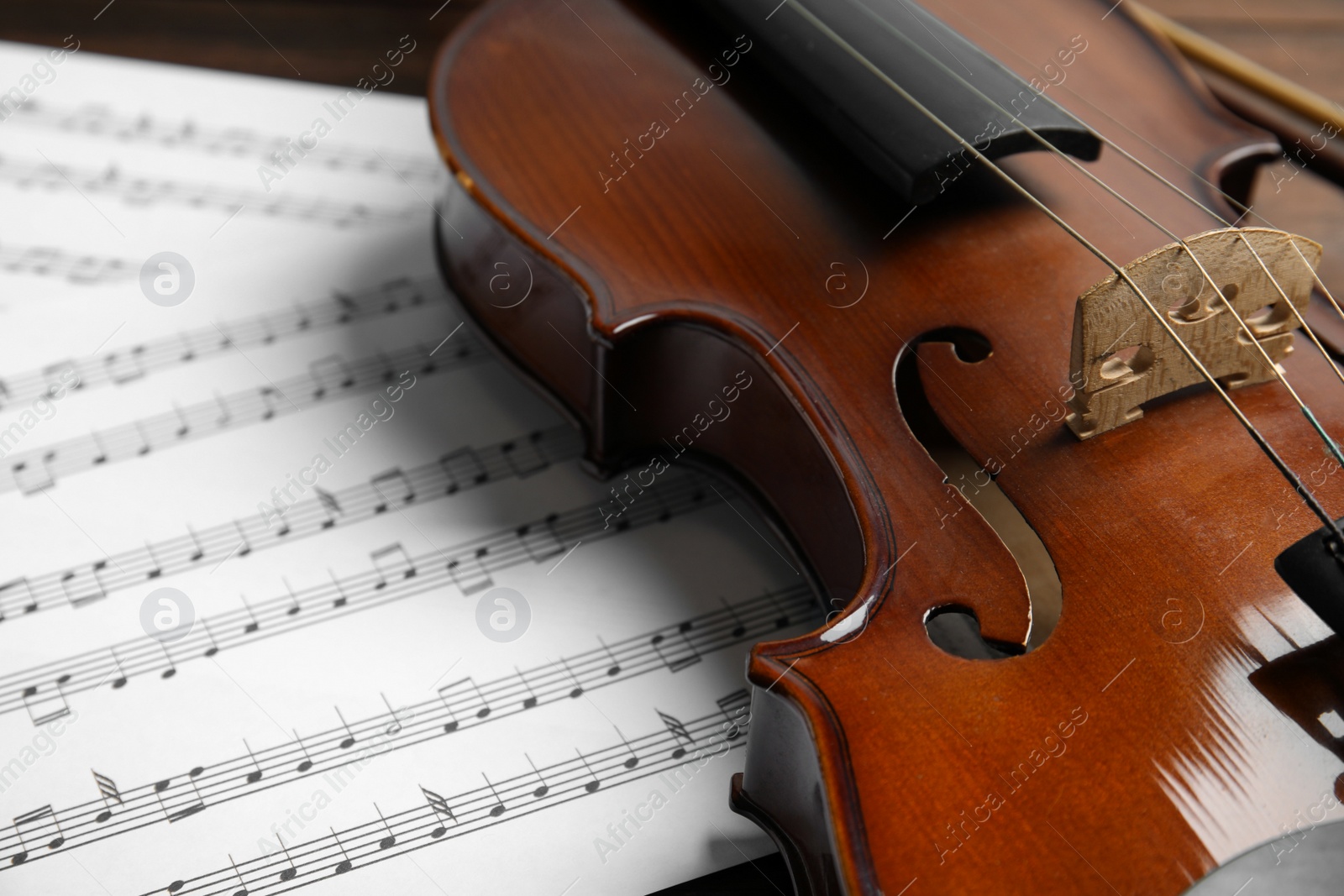 Photo of Beautiful violin and note sheets on table, closeup