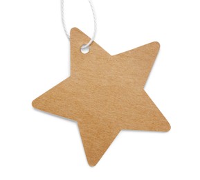 Photo of Star shaped tag with space for text isolated on white, top view