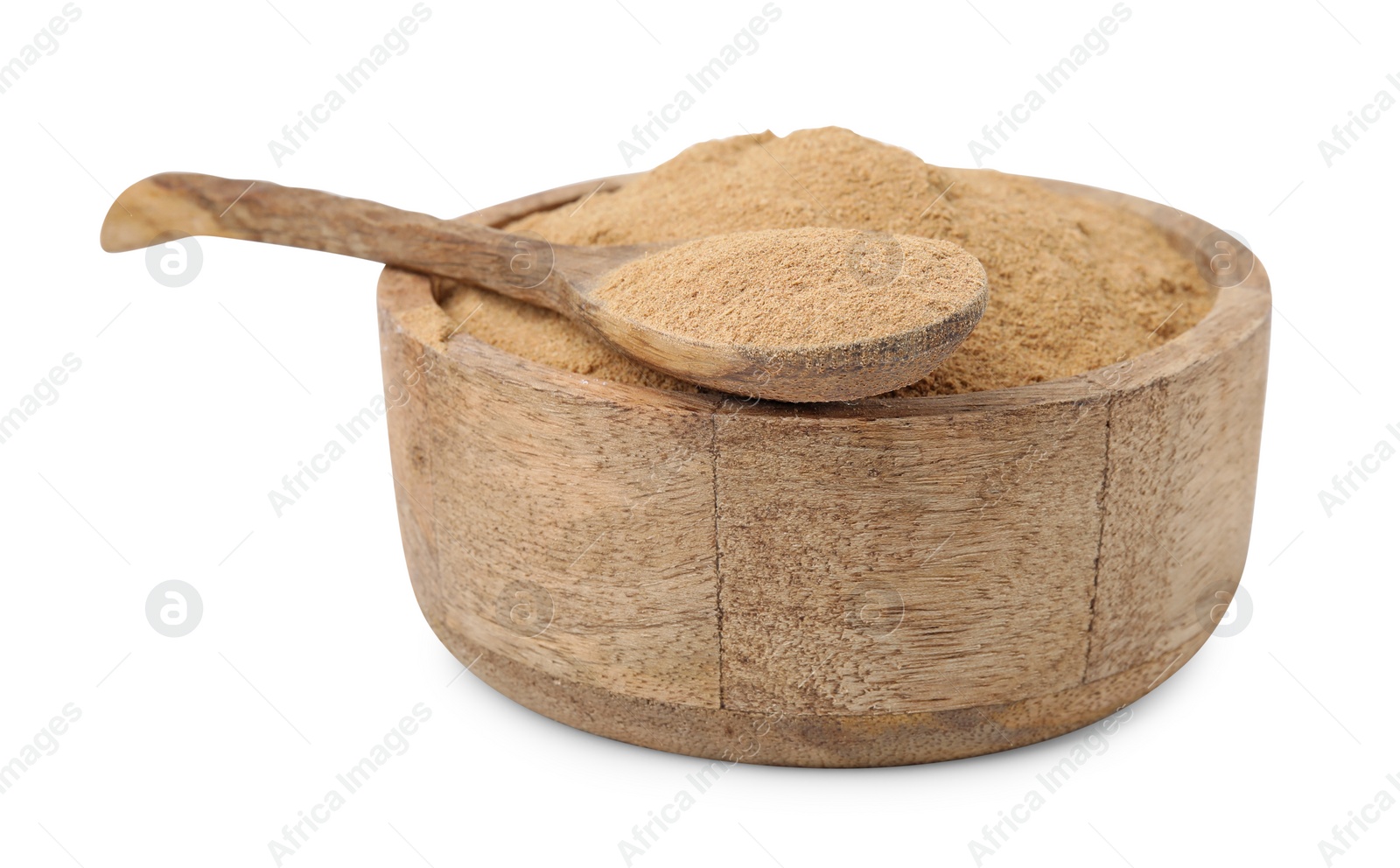 Photo of Dietary fiber. Psyllium husk powder in bowl and spoon isolated on white