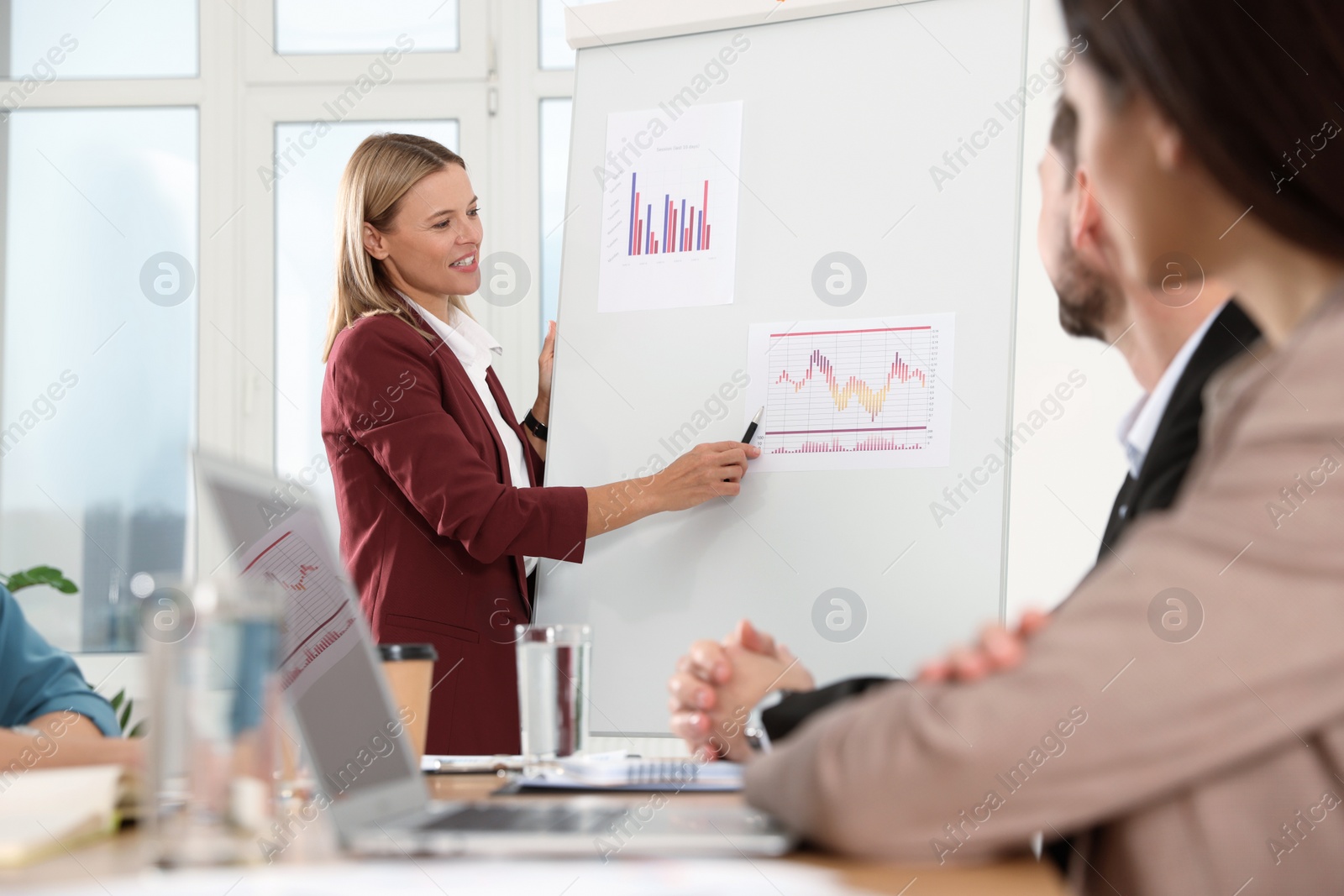 Photo of Businesswoman showing charts near flipchart on meeting in office