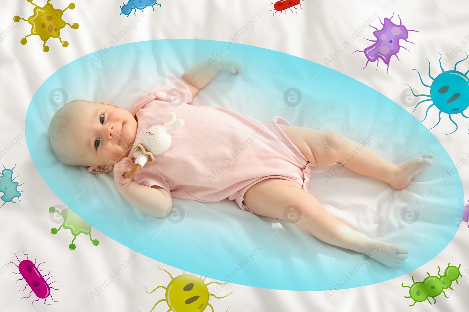 Illustration of Cute little baby with strong immunity on bed. Bubble around child symbolizing shield against viruses, illustration