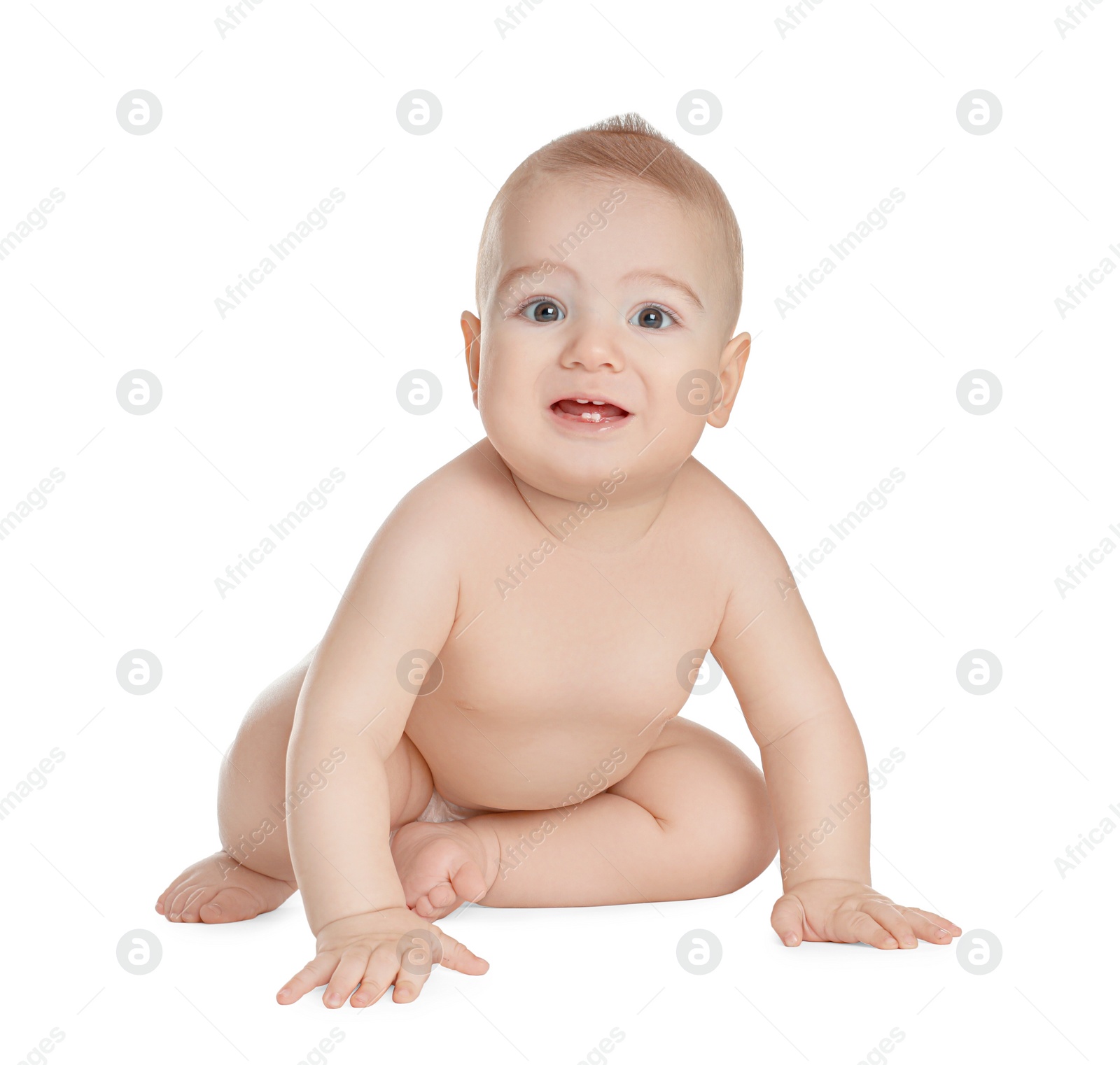 Photo of Cute healthy little baby on white background