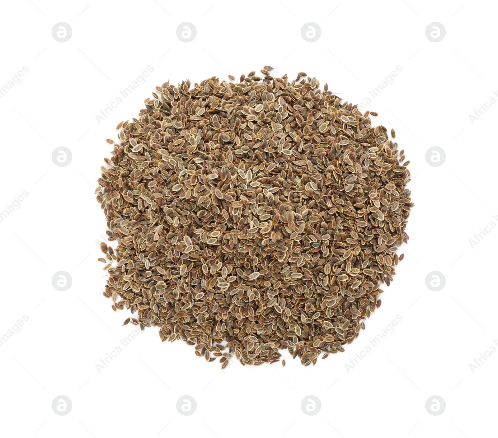 Photo of Pile of dry dill seeds isolated on white, top view