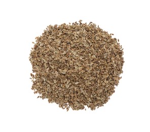 Pile of dry dill seeds isolated on white, top view