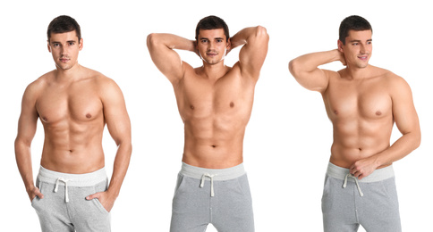 Collage of man with sexy body on white background