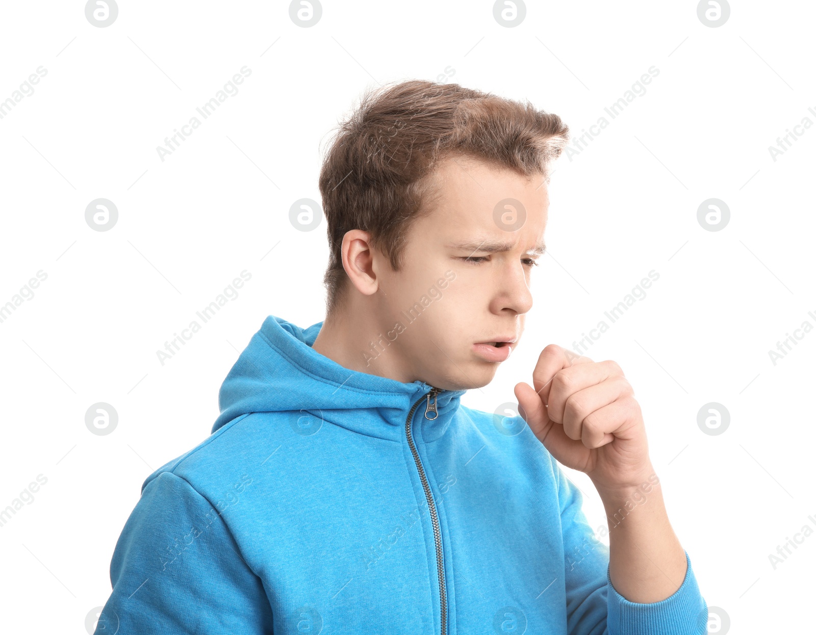 Photo of Teenage boy suffering from cough isolated on white