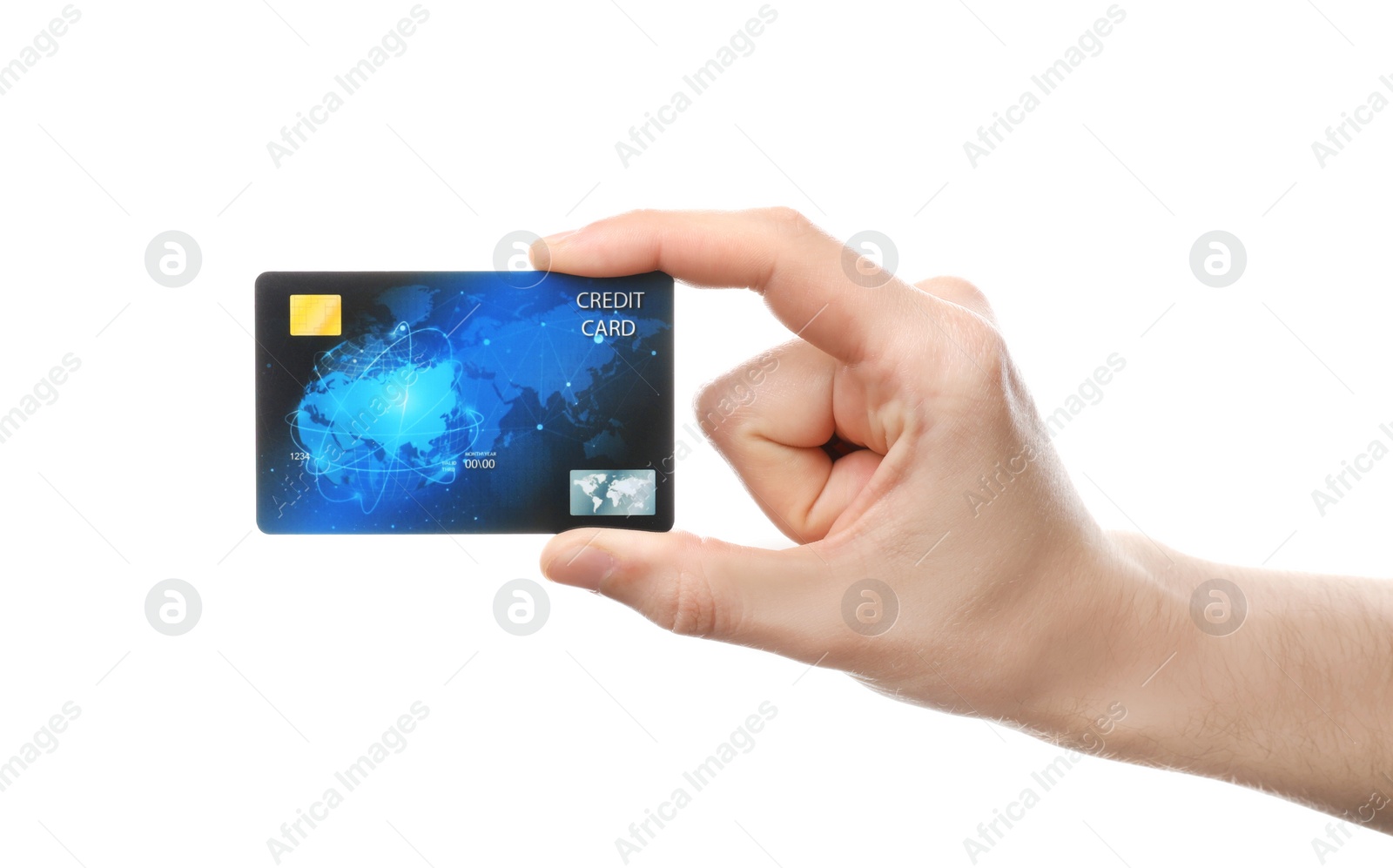 Photo of Young man holding credit card on white background