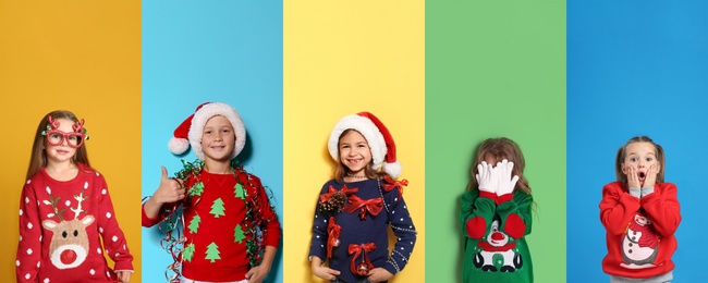 Image of Collage with photos of adorable children in different Christmas sweaters on color backgrounds. Banner design