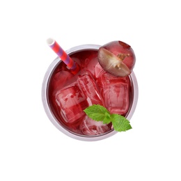 Photo of Delicious grape soda water isolated on white, top view. Refreshing drink