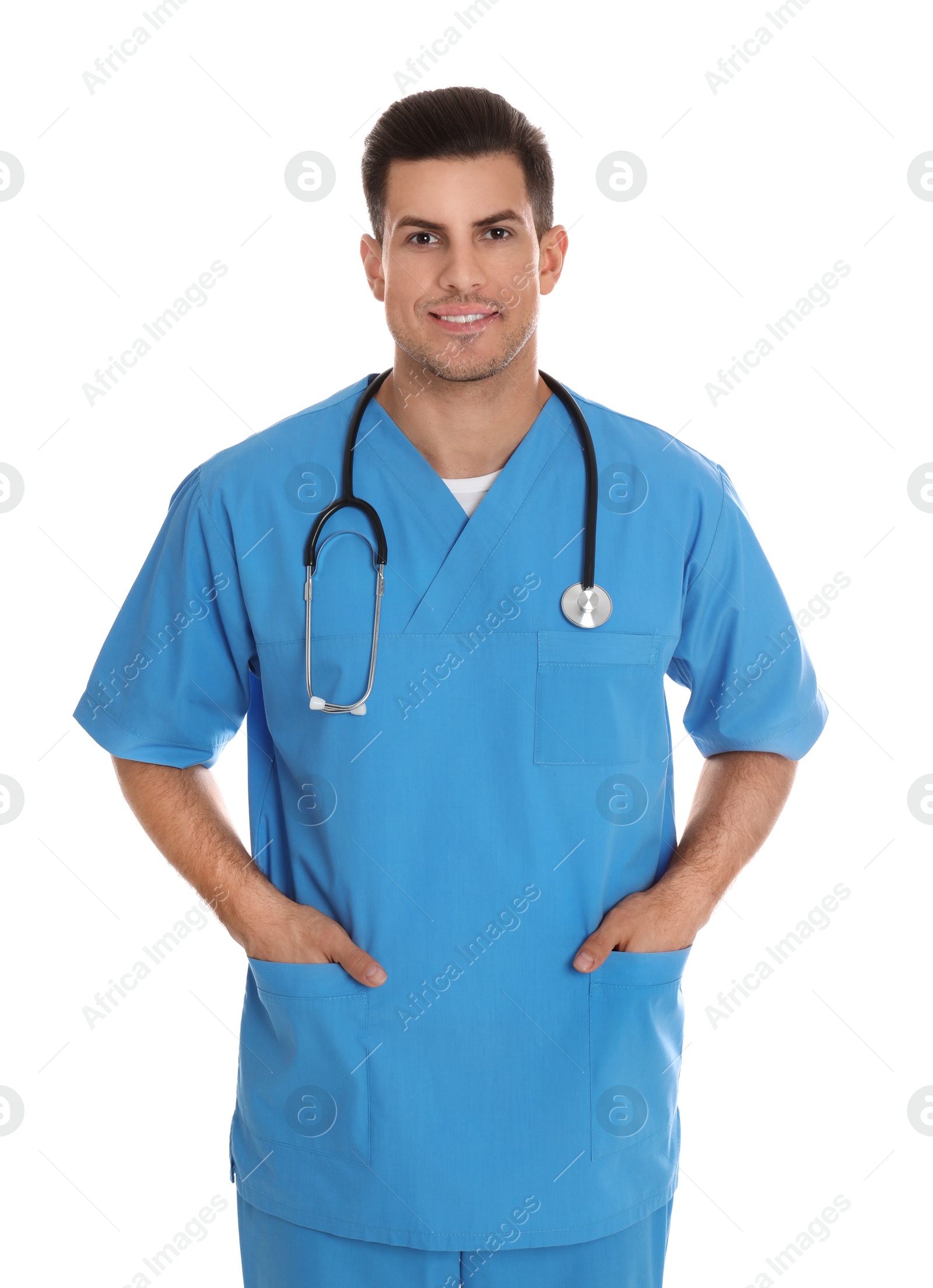 Photo of Portrait of doctor with stethoscope on white background