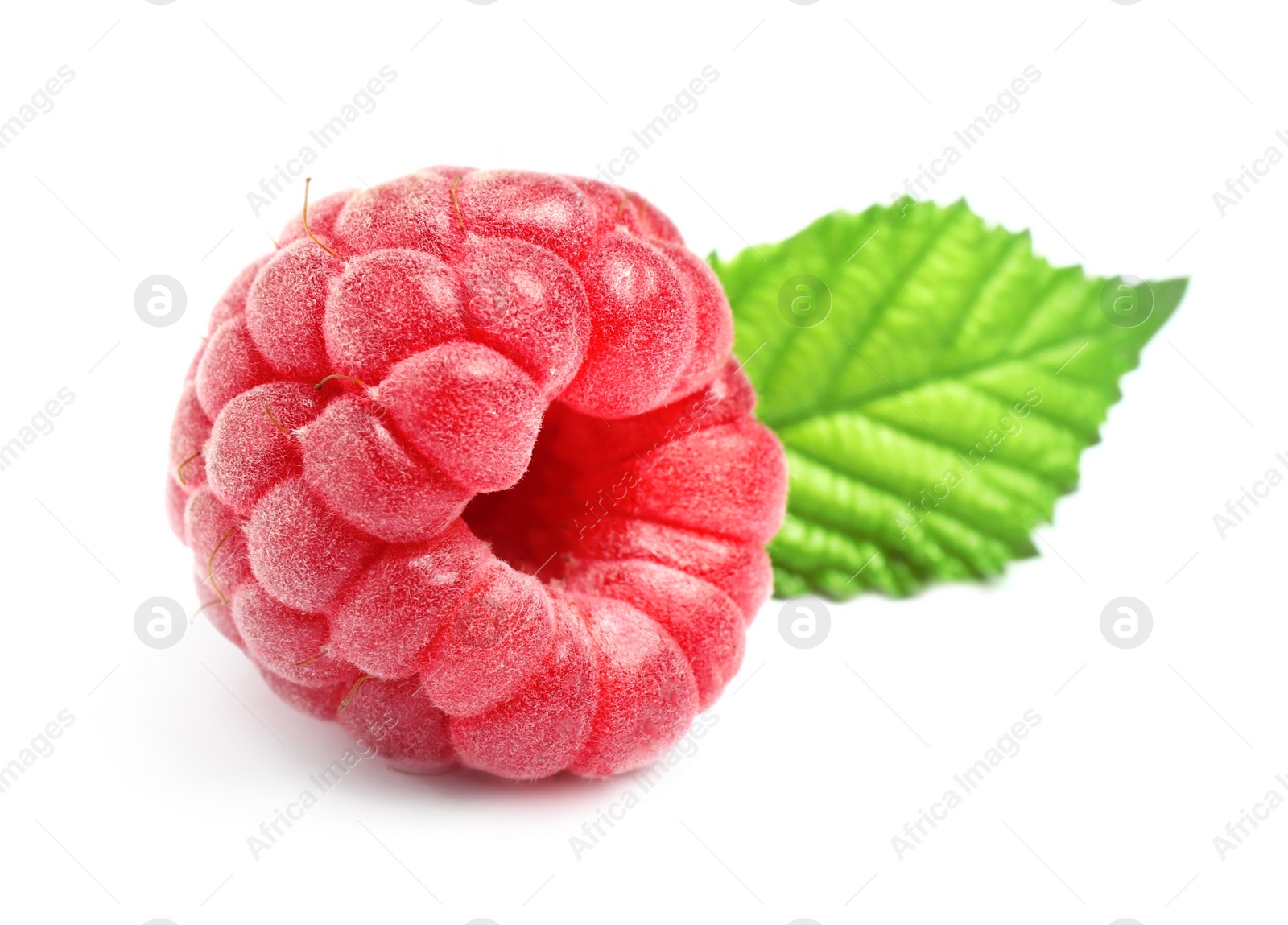 Photo of Delicious fresh ripe raspberry with leaf isolated on white