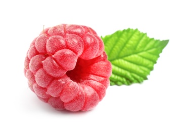Photo of Delicious fresh ripe raspberry with leaf isolated on white