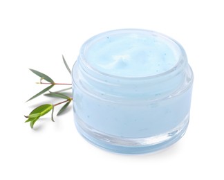 Jar of body cream with eucalyptus on white background