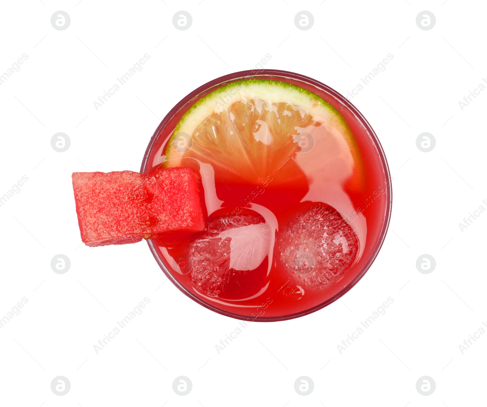 Photo of Tasty watermelon drink with slice of lime and ice cubes in glass isolated on white, top view