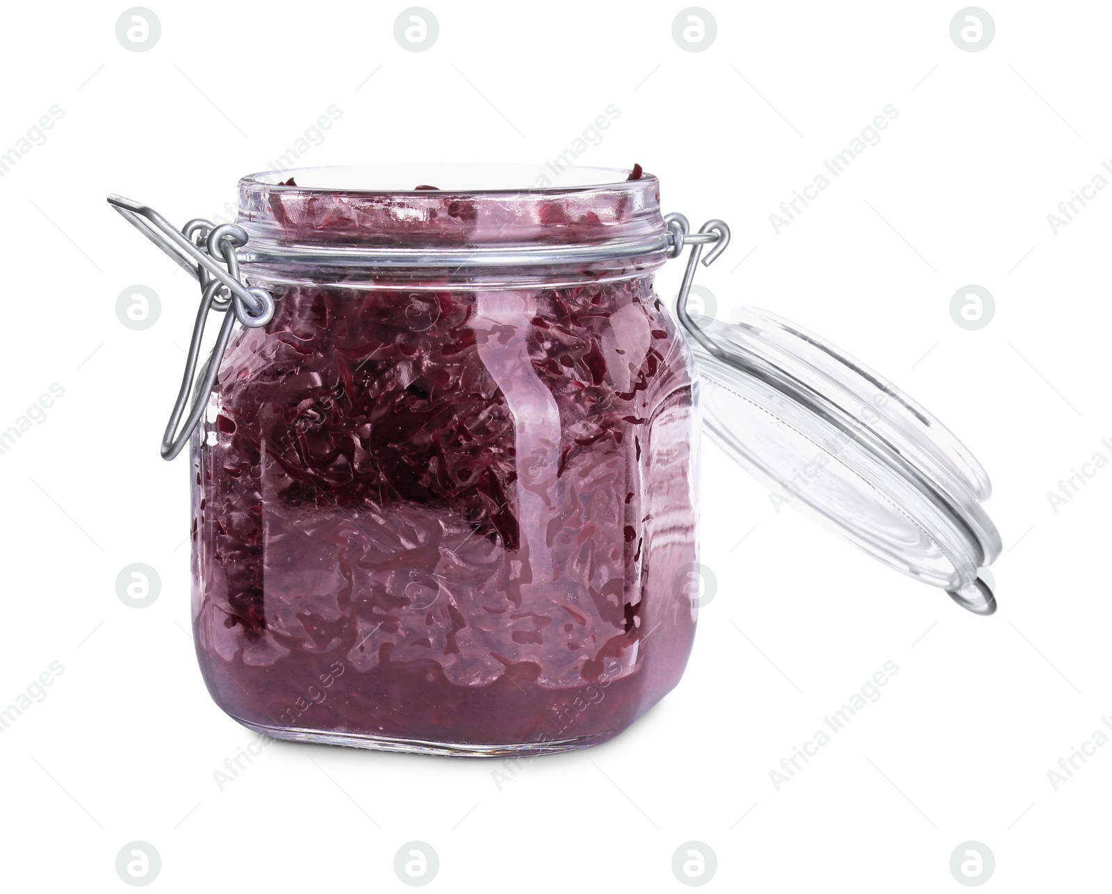 Photo of Jar with tasty red cabbage sauerkraut isolated on white