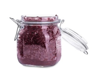 Jar with tasty red cabbage sauerkraut isolated on white