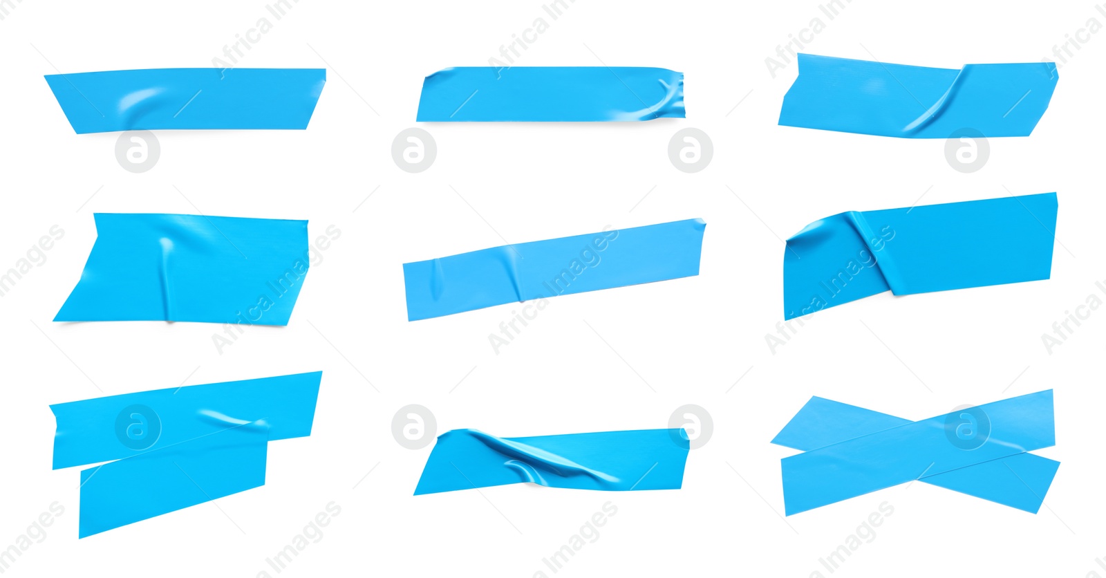 Image of Collage with pieces of light blue insulating tape on white background