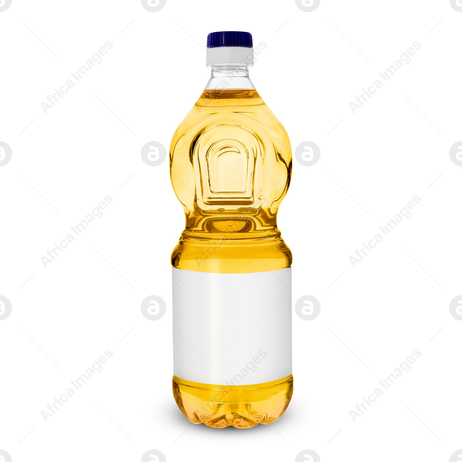 Image of Cooking oil in plastic bottle with empty label isolated on white. Mockup for design