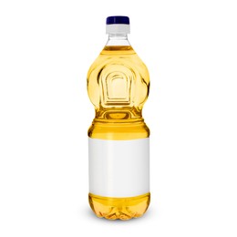 Image of Cooking oil in plastic bottle with empty label isolated on white. Mockup for design