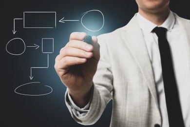 Image of Man pointing at flowchart on virtual screen against dark background, closeup. Business process