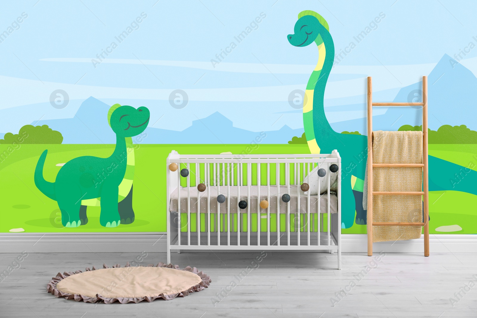 Image of Baby room interior with crib. Cartoon style wallpapers with dinosaurs