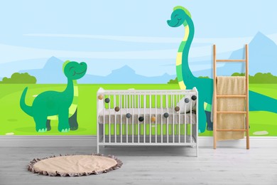 Image of Baby room interior with crib. Cartoon style wallpapers with dinosaurs