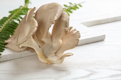 Delicious organic oyster mushrooms on wooden table, space for text